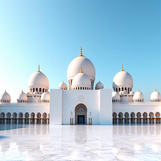 The stunning white marble domes of the Sheikh Zayed Grand Mosque.