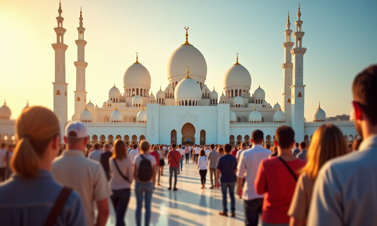 A diverse group of tourists respectfully admiring the Sheikh Zayed Grand Mosque.
