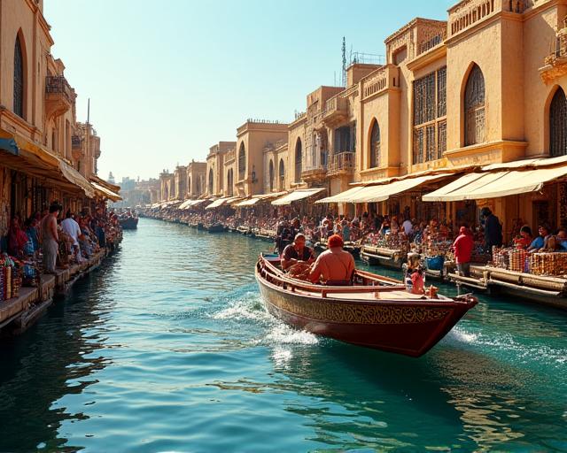 An abra boat crossing the Dubai Creek near the souks.